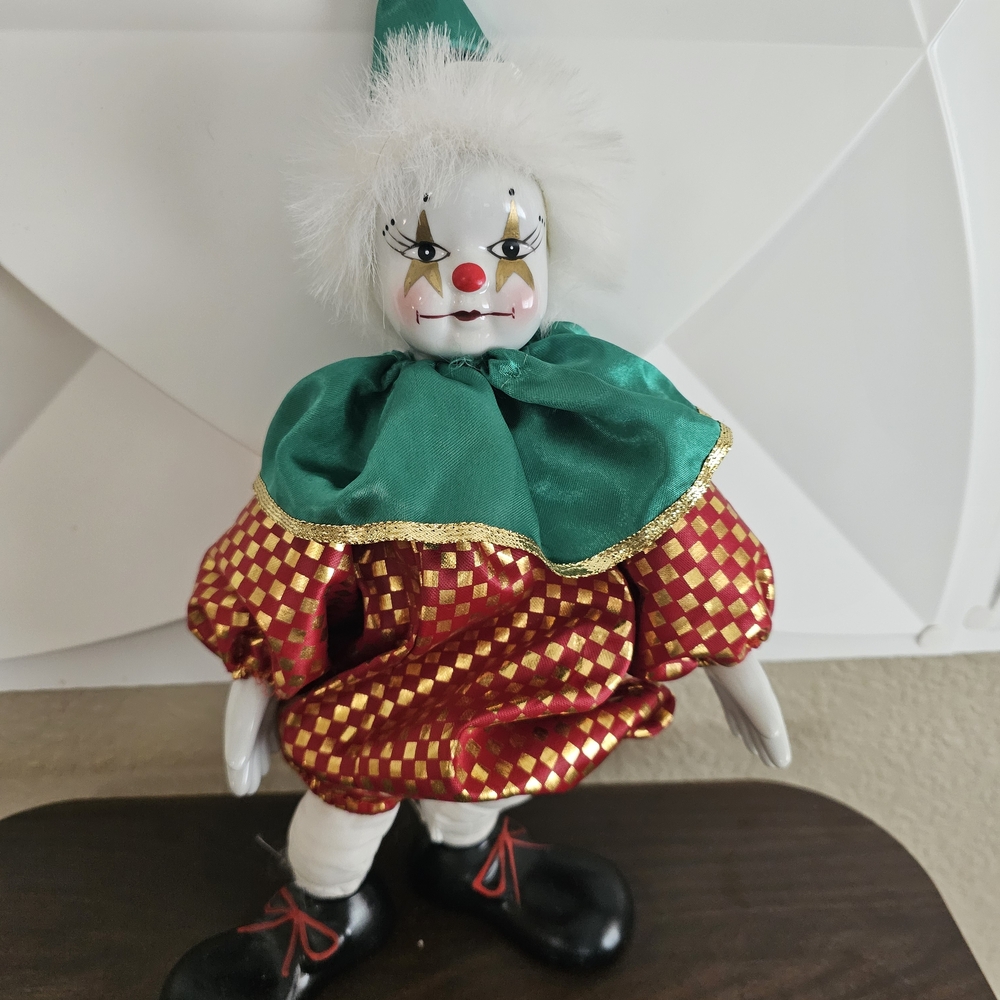 Porcelain Clown Doll with Red and Green Outfit